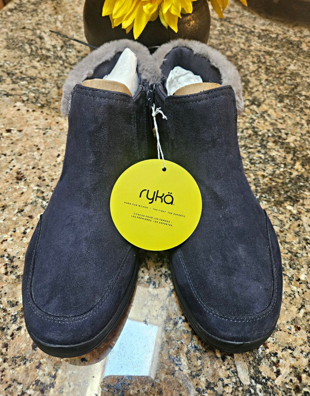 Ryka Amaze Repel Water Resistant Faux Fur Trim Side Zip Ankle Bootie Blue 8M